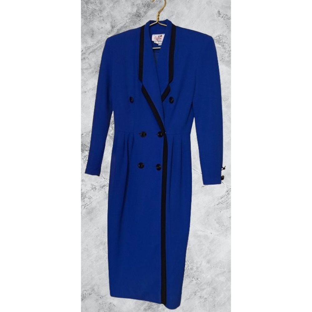 Vintage Caron Chicago Royal Blue Double Breasted Coat Dress Black Trim Size 4